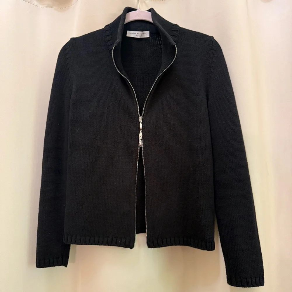Amina Rubinacci Italy Black Knit Zip Jacket Cardigan Quiet Luxury Minimalist 42